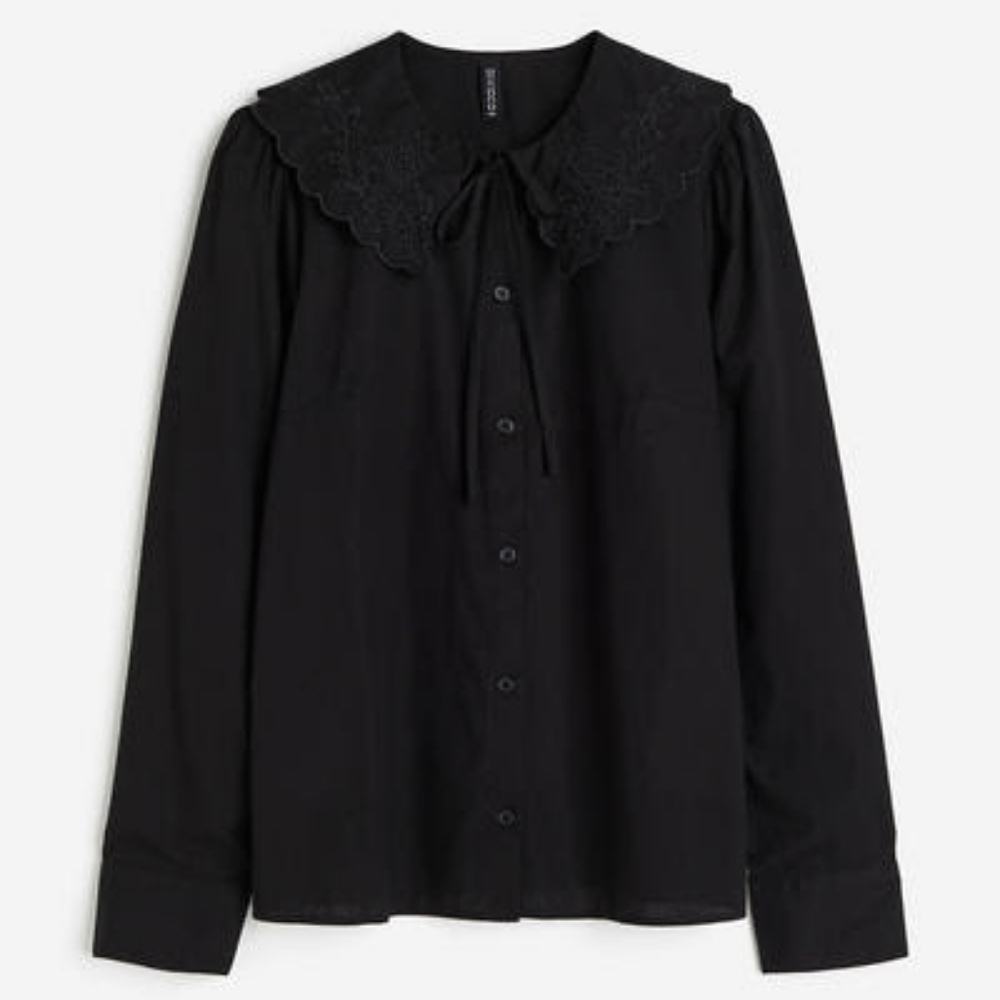 2/$20 Wednesday Addams Black Floral Oversized Peter Pan Collar Shirt Blouse